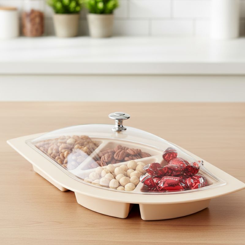 Dry Fruit Tray Dish 4 Partition Leaf Design with Clear Dome Cover