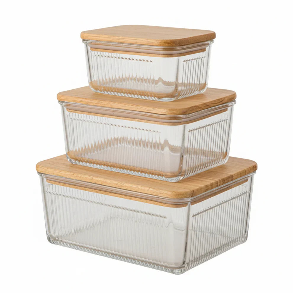 Robust 3 Piece Glass Container Set With Wooden Lid