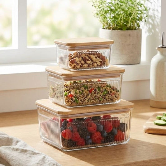 Robust 3 Piece Glass Container Set With Wooden Lid