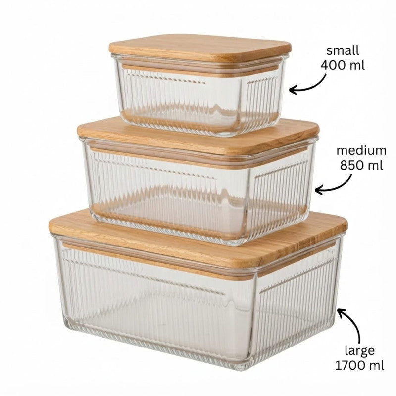 Robust 3 Piece Glass Container Set With Wooden Lid