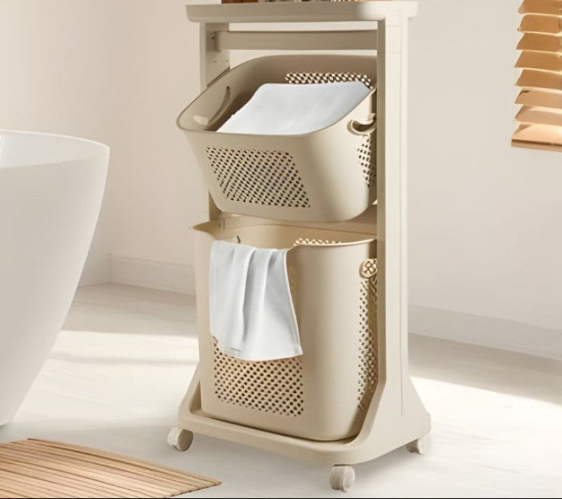 2 Layer Moveable Laundry Basket With Top Storage